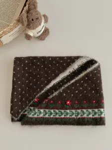 Brown Fair Isle knit scarf with white dots and handmade beaded floral details, cozy winter warmth.