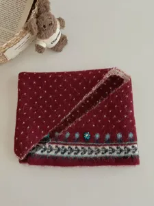 Fair Isle knitted neck warmer for women, cozy winter thermal scarf with beaded floral detail.