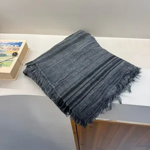 Dark grey striped fringe scarf shawl, soft lightweight material, stylish warm neck wrap.
