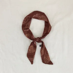 Sciarpa twilly con stampa paisley marrone, elegante nastro per capelli retro chic.