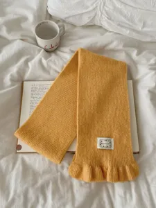 Korean style yellow knitted scarf for women, cozy winter warm ruffles neck warmer accessory