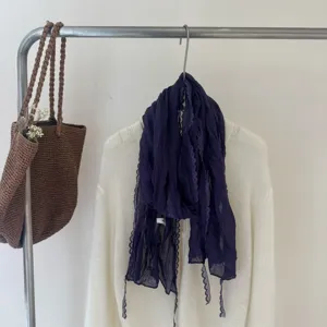 Korean style crinkled sheer thin strip scarf with delicate lace edge for elegant women spring summer