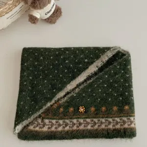 Fair Isle knit winter scarf with bead flower, cozy warm green neck warmer for women.