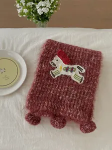 Fluffy knit scarf for women winter plush warm tassel neck wrap with cute embroidered pony.