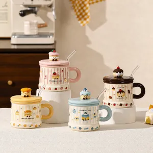Cute Cartoon Cake Theme Ceramic Mug With 3D Figurine Lid And Glass Straw Coffee Milk Water Cup For Kids