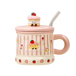 Cute ceramic mug with strawberry cake lid and straw, perfect for kids and daily coffee use.