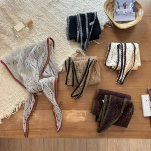 Korean Retro Hollow Out Knit Triangle Scarf Women Spring Autumn Lightweight Contrast Binding Neck Warmer Fashion Accessories
