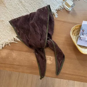 Vintage brown knitted hollow triangle scarf with green border, chic spring autumn neck accessory.