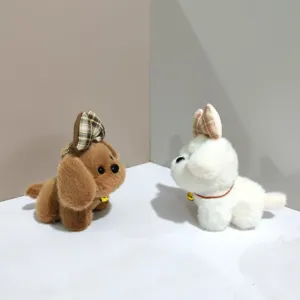 Cute plush puppy keychain detail shot featuring soft fabric bowknot and sweet little bell pendant.