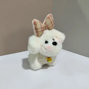 Cute plush puppy pendant with bow and bell, fluffy stuffed animal toy keychain for bags.