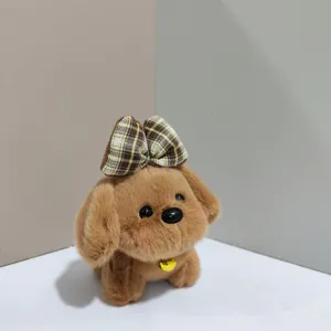 Cute brown puppy plush toy with plaid bow and bell, soft bag pendant keychain charm.