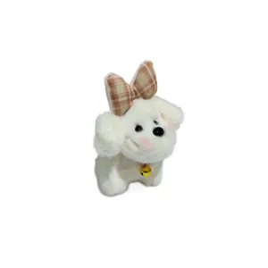 Cute white puppy plush pendant with plaid bow and bell, soft toy keychain bag charm.
