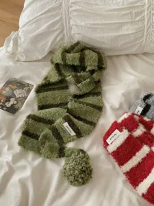 Cozy striped knitted small scarf with pom pom for autumn and winter daily warm fashion neck wear.