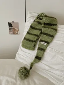 Cozy green striped knitted scarf with cute pom-pom, soft winter warm fuzzy neck wrap for women.