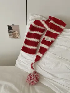 Red and white striped knitted scarf for women autumn and winter cute pompom warm winter neckerchief