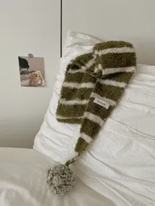 Green white striped knit scarf for women, fluffy winter warm fluffy pom pom neck warmer.