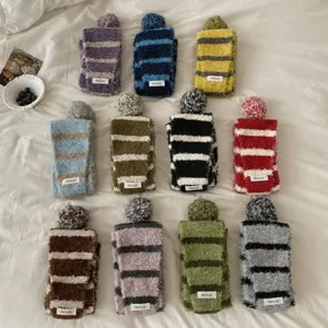 Winter Warm Knitted Scarf Contrast Color Striped Wool Blend Neck Warmer With Pom-Pom For Women Daily