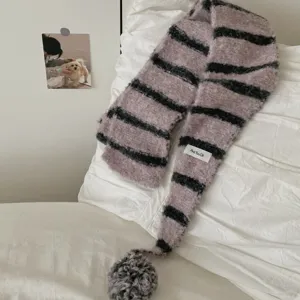 Cozy fuzzy striped scarf with pom pom soft winter knitted warm neckerchief for women