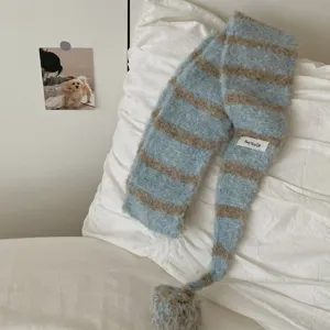 Blue brown striped knit scarf with plush pom pom, cozy autumn winter neck warmer