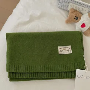 Women's Winter Warm Solid Color Wool Knitted Scarf Soft Thickened Long Scarf Korean Style With Woven Label