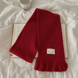 Red knitted scarf for women, winter warm solid color ruffled long winter scarf accessory