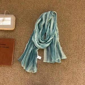 Gradient pleated scarf for women, lightweight breathable wrap shawl in stylish blue tone.
