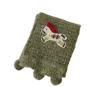 Green knit scarf with cute embroidered pony design for women autumn winter fashion style