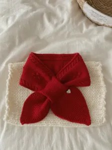 Red knitted short scarf for women, cozy winter thermal neck warmer with heart charm detail.