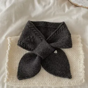 Dark grey knitted short scarf for women, cozy winter warm neck warmer with cute heart charm.