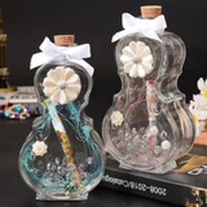 Creative violin shaped glass wish bottle with cork stopper and bow for gift decor ideas
