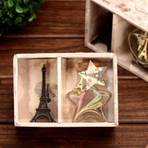 Retro wooden display box set featuring Eiffel tower miniature model and star glass wish bottle.