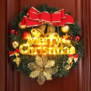 Christmas wreath LED hanging light decoration with Merry Christmas sign, red bow, gold bells.