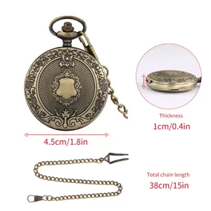 Vintage bronze quartz pocket watch with shield carving, matching chain and size details.