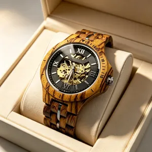 Wooden mechanical watch close-up detail showcasing hollow mechanical movement and Roman numerals.