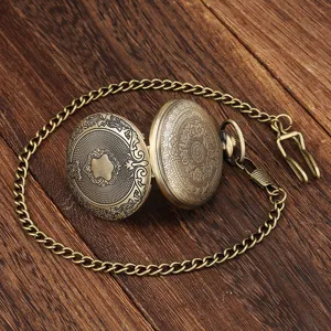 Detailed shot of a vintage bronze quartz pocket watch with intricate floral carvings and chain.