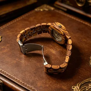Mens wooden mechanical watch with skeleton dial and stainless steel clasp detail view.