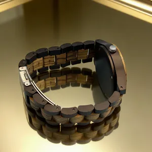 Detailed view of wooden quartz watch with zebrawood links and stainless steel clasp.