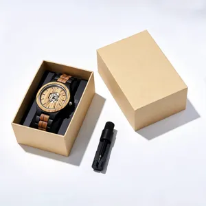 Wooden mechanical watch for men with skeleton dial, zebra wood design, gift box.