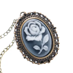Vintage Brons Kwarts Zakhorloge Ketting Retro Bloemen Portret Brons Hanger Trui Ketting Mode Sieraden