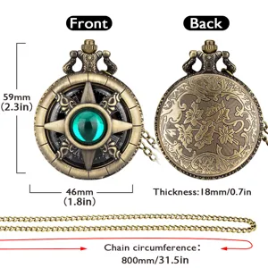 Vintage bronze quartz pocket watch with green gemstone, 46mm case, 800mm chain length.