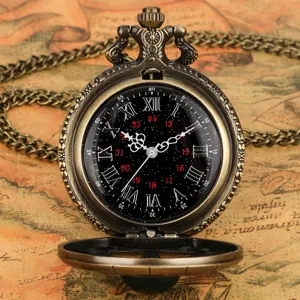 Vintage bronze pocket watch detail shot, antique hollow case with roman numerals and starry dial.