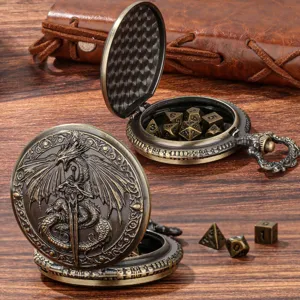 Boîtier de montre de poche dragon épée en bronze vintage avec jeu de dés métalliques DND.