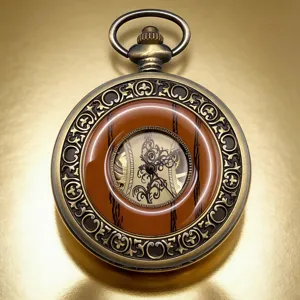 Vintage bronze mechanical pocket watch detail, ornate carved case and hollow dial design.