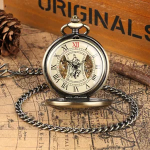 Vintage bronze mechanical pocket watch with hollow Roman numerals and chain detail.