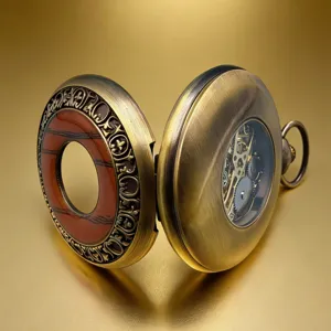 Retro antique bronze mechanical pocket watch detail with carved cover and gear view.