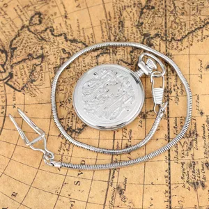 Orologio da tasca meccanico argentato con catena a serpente rotonda e clip in stile vintage