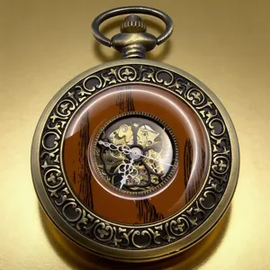 Vintage bronze mechanical pocket watch with hollow carved design and transparent dial details.