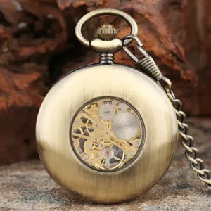Vintage bronze mechanical pocket watch with skeleton gear dial and matching chain for men.