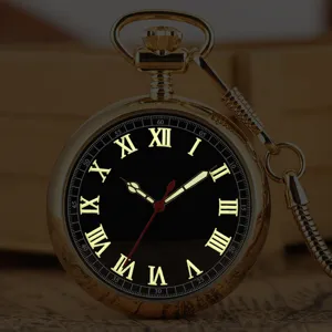 Orologio da tasca vintage dorato con numeri romani luminosi e catena per uomo donna