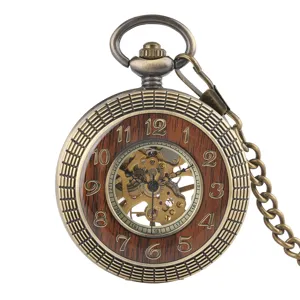 Vintage skeleton mechanical pocket watch detail, bronze case and wooden dial texture closeup.